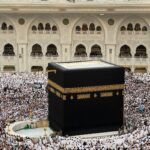 Aerial view of the Kaaba surrounded by pilgrims during Hajj in Mecca, Saudi Arabia.
