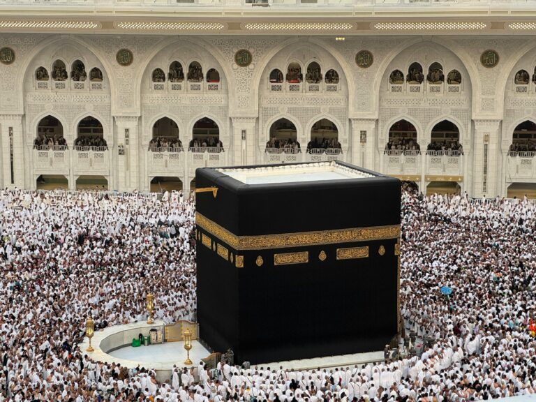 Aerial view of the Kaaba surrounded by pilgrims during Hajj in Mecca, Saudi Arabia.